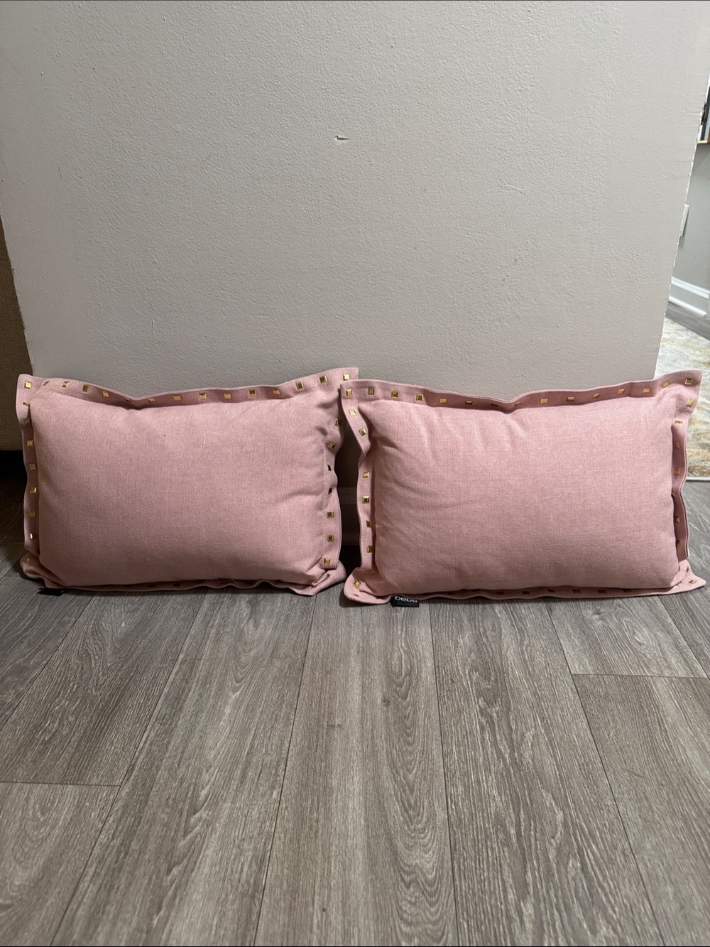 bebe Pink Rectangular Accent Pillows with Gold Stud Trim (Pair)